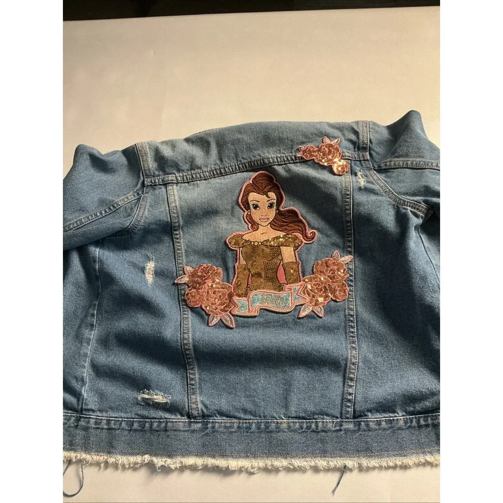 Disney Belle Beauty & The Beast Girls Distressed Denim Jacket 11-12 Sequins